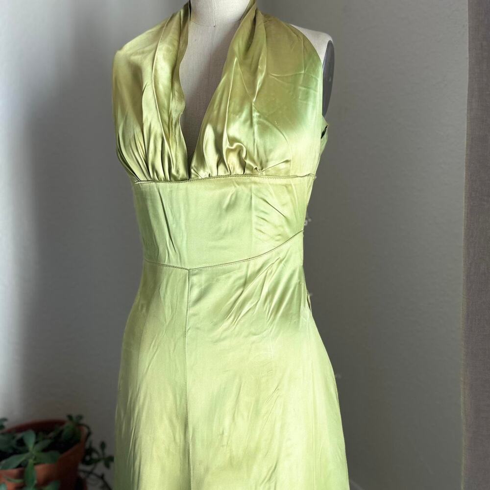 Women’s Medium Dress Chartreuse Satin Halter Gown Handmade Vintage Glam